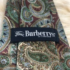 Burberry Green Silk Tie Paisley Pattern Wavy Line Excellent Condition