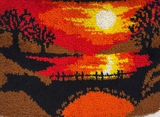Vtg Finished Latch Hook Rug Sunset And Bridge 27  x20  