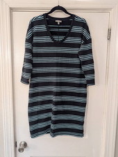 T by Talbots Women's Striped Shift Dress large Cotton Modal Navy Aqua Terry