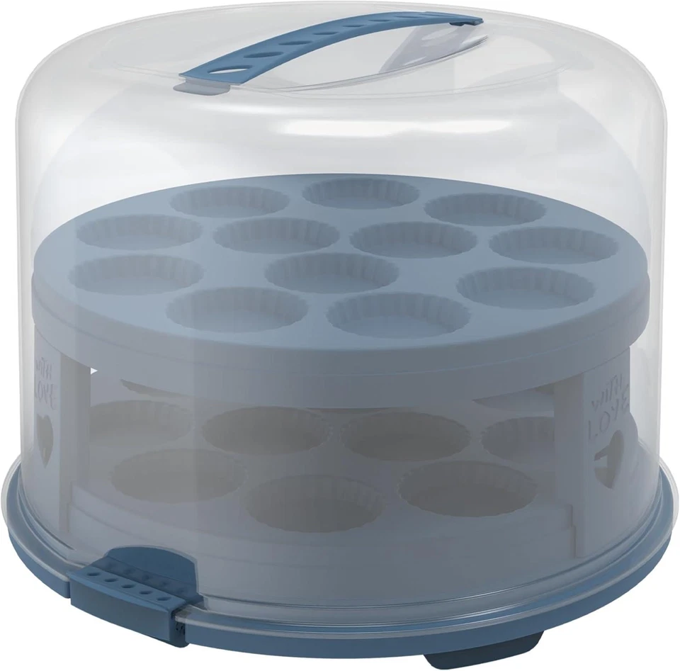 Fresh Cake Bell Tall with Trays, Rotho Cake Box Food-Safe Plastic BPA-Free, Blue