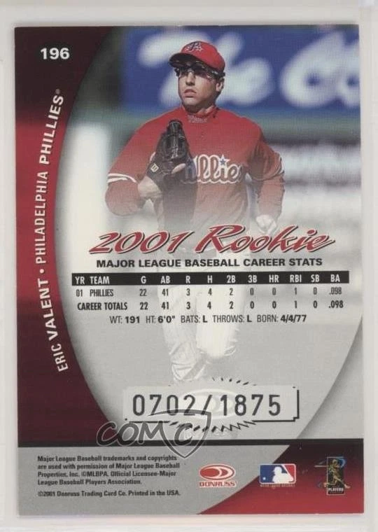 2001 Donruss Class Of 2001 /1875 Eric Valent #196 - Image 2 of 2
