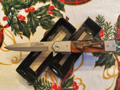 Brown Marble Assisted Folding Pocket Knife Damascus Etching