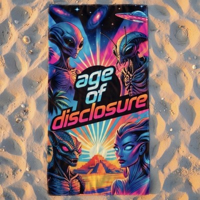 Alien UFO Beach Towel - Age of Disclosure Art Deco Miami Neon Pink Blue
