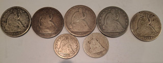 Lot of 7Mixed Date Circulated Seated Liberty 50C and 25C $3 Face