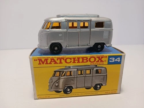 LESNEY MATCHBOX # 34 VOLKSWAGEN CAMPER SILVER W/ORIGINAL BOX EXCELLENT CONDITION