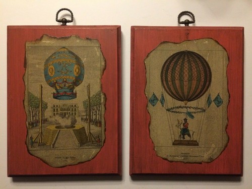 Vintage Air Ballon Technology Color Etchings Hanging Wood Plaques(2) B14