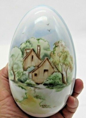 Vintage Ceramic Egg Shaped Trinket Box Hand Painted & Signed Farmhouse Landscape