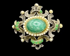 Antique Green Chalcedony Stone w Mini Pearls Green Stones Brooch Pin or Pendant