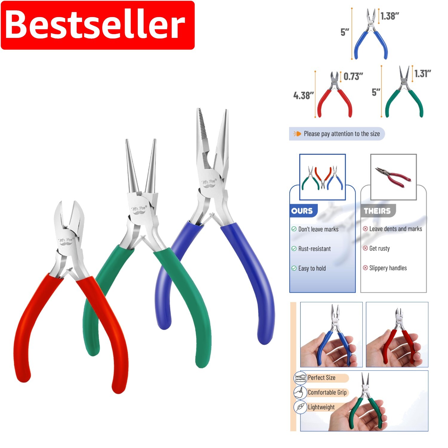 Vibrant 3-Color Jewelry Pliers Kit with Needle Nose and Side Cutters