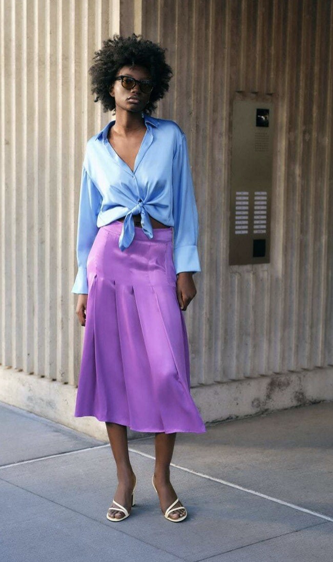 ZARA NEW PURPLE SATIN BOX PLEAT SKIRT Small suit UK 6-8 | eBay UK