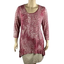 LOGO Lori Goldstein Berry Ikat Tunic Top Scoop Neck 3/4 Sleeve Pockets Size XL
