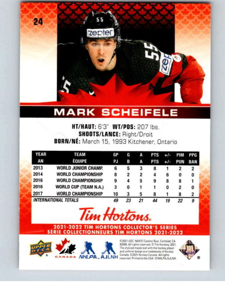 2021-22 Upper Deck Tim Hortons Team Canada  #24 Mark Scheifele   V52568 - Image 2 of 2