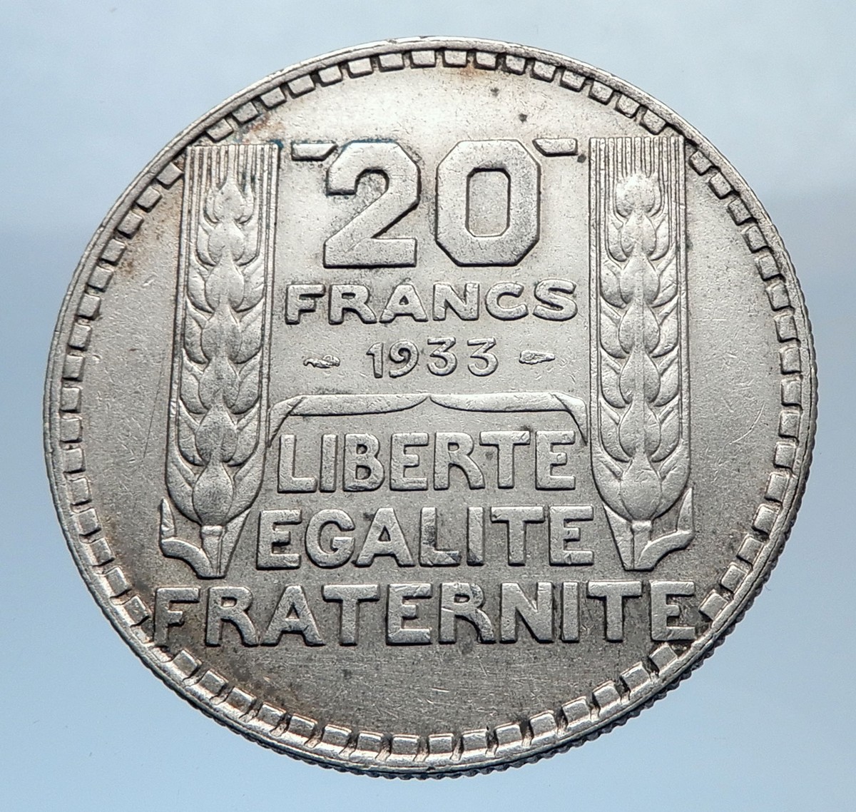 1933 FRANCE Authentic Large Silver 20 Francs Vintage French MOTTO