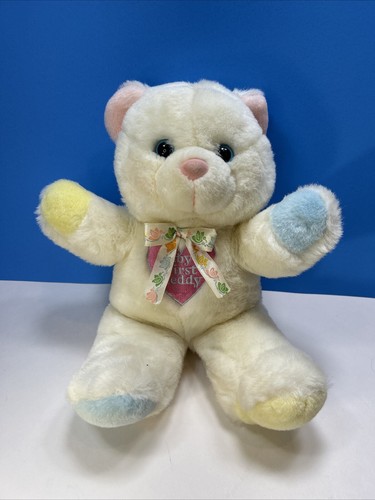Baby's First 1st Teddy bear plush rattle white blue heart pink yellow bird bow