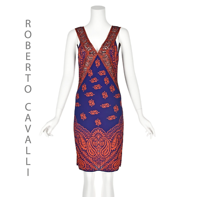 ROBERTO CAVALLI Blue & Orange Sleeveless V-Neck Paisley Knit Dress IT42 US6  | eBay