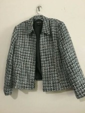 Style Co Size 16 Tweed Blue Cream Gray Zip Up Women Wool Suit Blazer Jacket