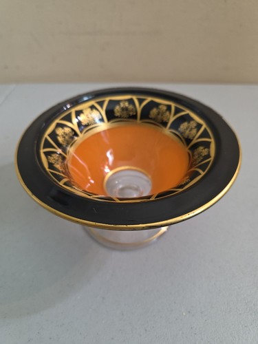 Vintage Art Deco Orange Black Glass Compote Bowl Gold Gilt Footed Candy Dish