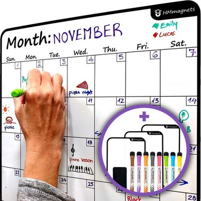 Large Dry-Erase Magnetic Monthly Calendar + Bonus: 3 Grocery/to-Do List White...