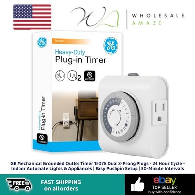 GE Mechanical Grounded Outlet Timer 15075 Dual 3-Prong Plugs - 24 Hour Cycle