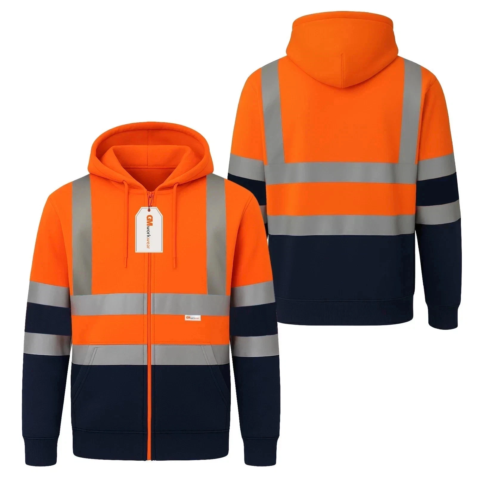 Orange navy hi-vis hoodie front and back