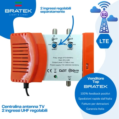 BRATEK Centralina Antenna TV 2 ingressi UHF Regolabili 5G LTE 40dB Digitale Terrestre