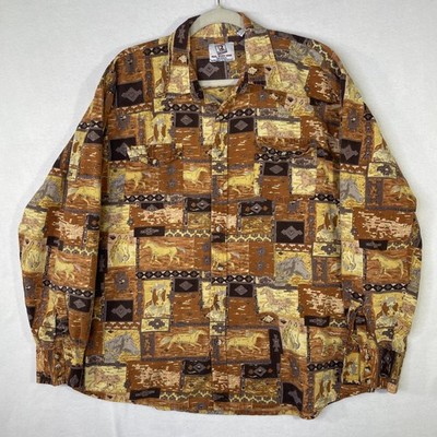Vintage Real Work Wear Men s XXL Aztec Horses Western LS Button Up Shirt Retro