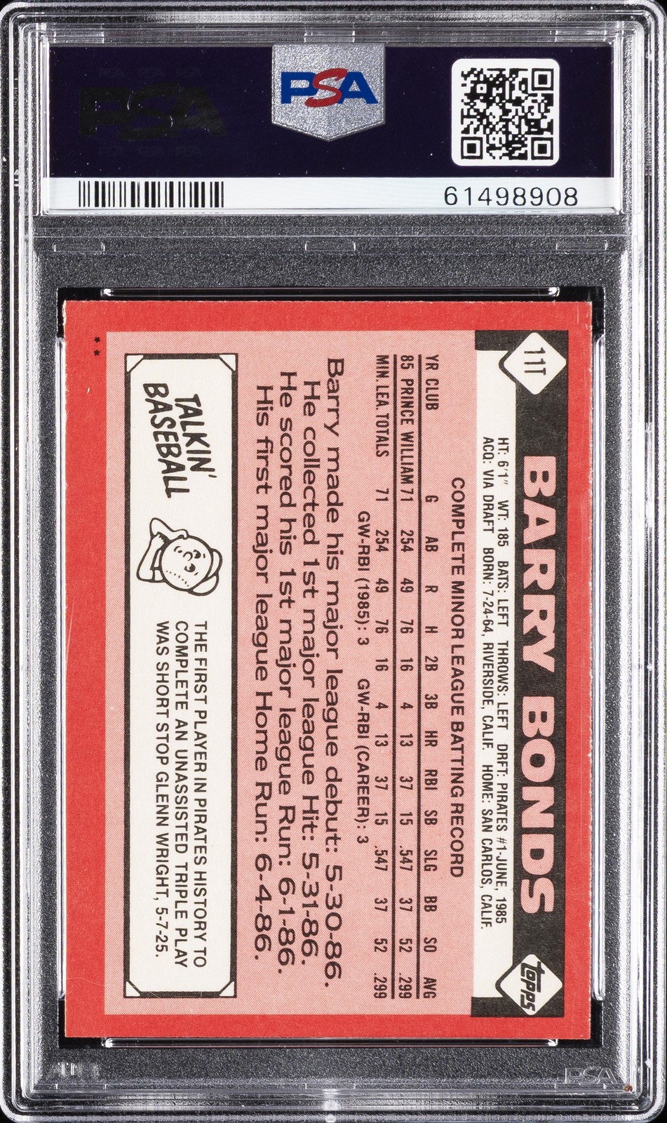 1986 TOPPS TRADED #11T BARRY BONDS ROOKIE RC PSA 9 view 2