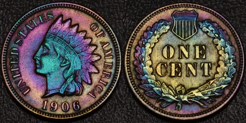 1906 Indian Head One 1 Cent BULLSEYE Rainbow Toning (56-60)