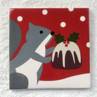 Crate & Barrel Holiday Squirrel Ceramic Christmas Tile Trivet, 8 in x 8 in