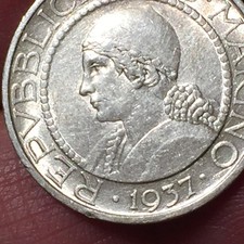 REPUBBLICA DI SAN MARINO - VECCHIA MONETAZIONE - 5 LIRE 1937  R ARGENTO