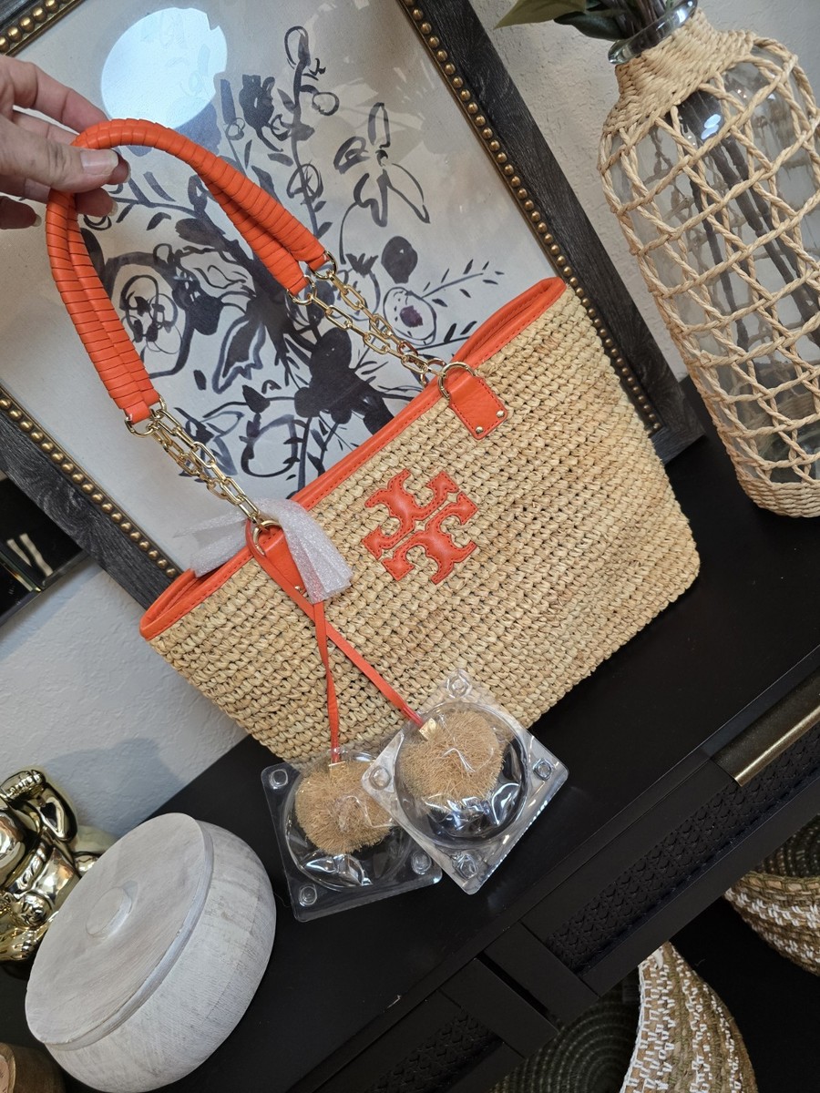 Tory Burch Straw Woven Orange Leather And Gold Chain Tote Shoulder Bag  Summer