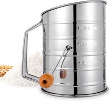 Flour Sifter 3 Cup Flour Sifter Baking Fine Mesh Rotary Hand Crank W/ Loop