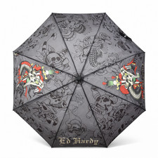 Ed Hardy Tattoo Skull Dagger Compact Umbrella Auto Open Travel Size 42" Gray