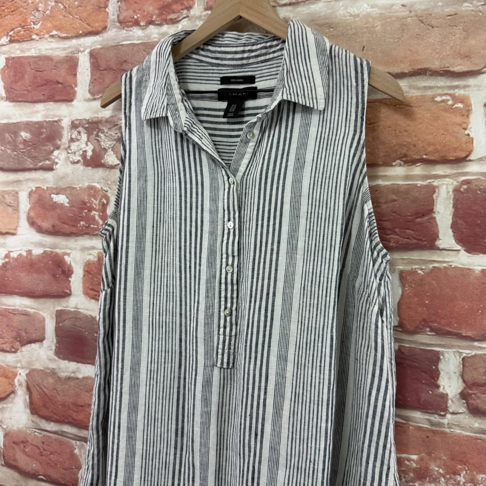 Tahari Shift Dress Womens 1X Gray White Striped 100% Linen Casual Popover - Image 4 of 4