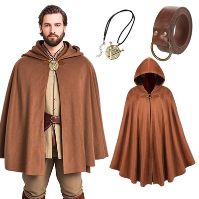 3PCS Brown Renaissance Medieval Velvet Hooded Cloak 51.18in Cosplay Cape