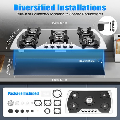 #ad 35quot;Gas Cooktop Stove Top 5 Burners Tempered Glass Built In LPG NG Gas Hob Cooker $147.58