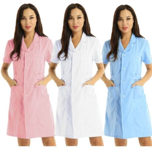 Womens Lapel Collar Button Front Scrub Dress Top Nurse Doctor Uniform Lab Coat - Picture 1 of 37