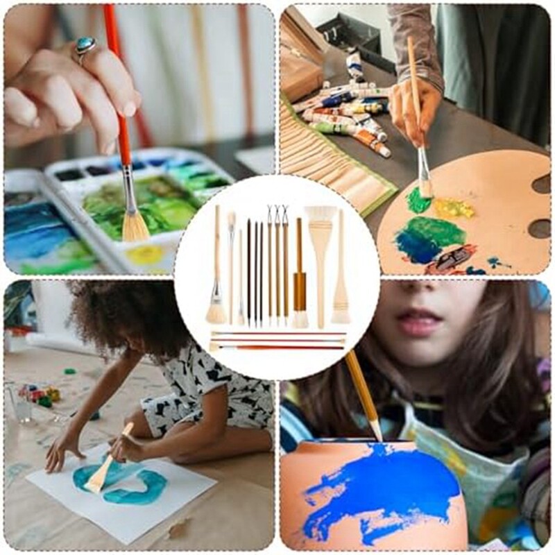 15Pcs Pottery Glaze Brushes,Wood Long Handle Artist Fan for Acrylic2544