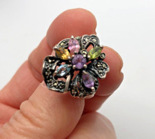 Asymmetrical Flower Floral Gemstone Marcasite Ring 925 US Size 7.5