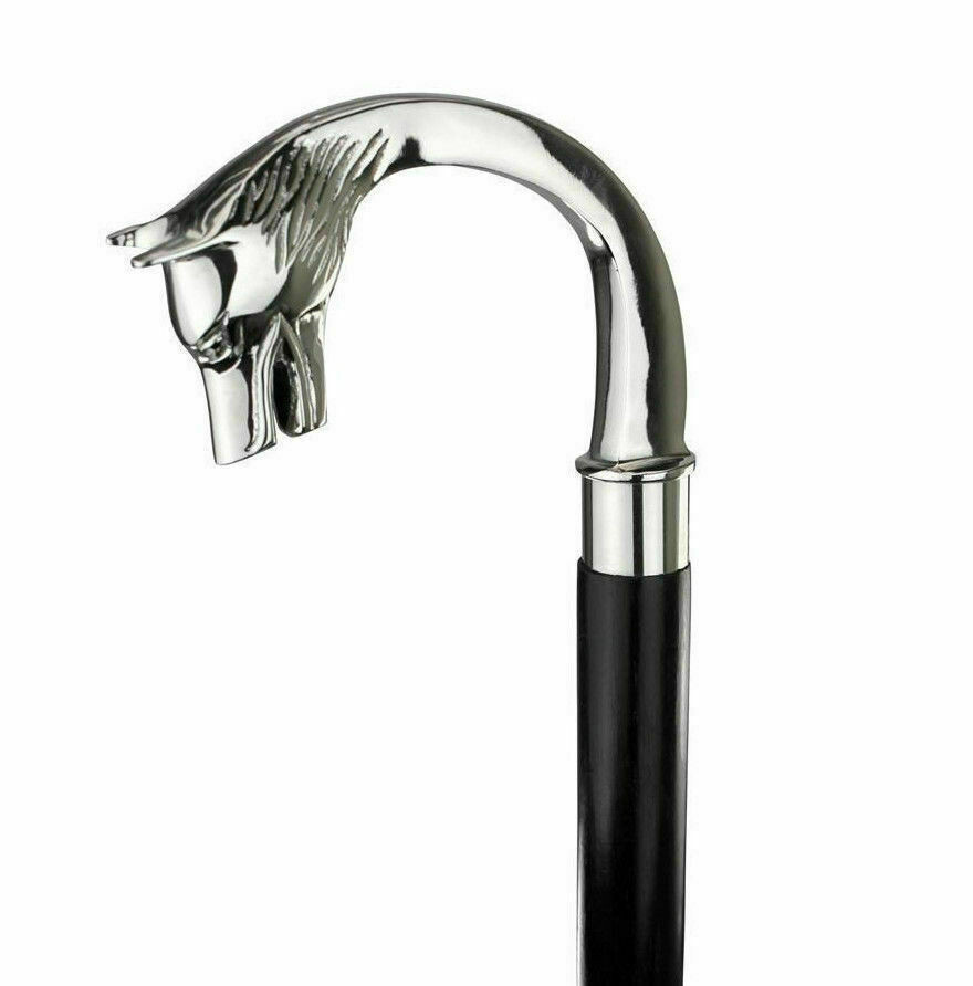 Solid Silver Chrome Brass Wolf head Handle Black … - image 4