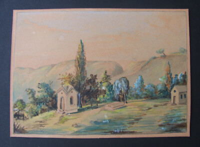 AQUARELL , KAPELLE und GRAB  in  HÜGELIGER LANDSCHAFT monogrammiert M.P.W.