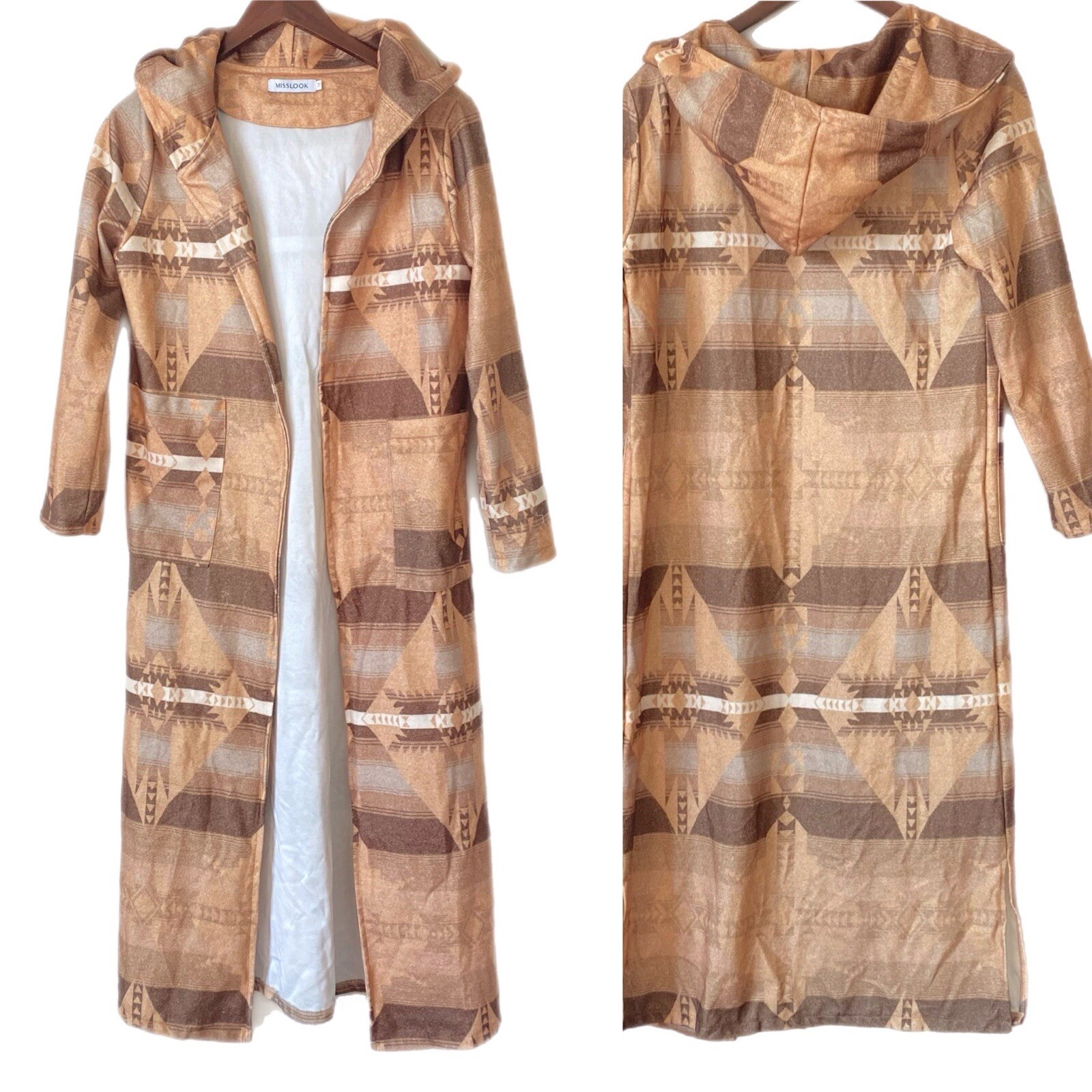 MISSLOOK Long Hooded Kimono Cardigan with Pockets Size M