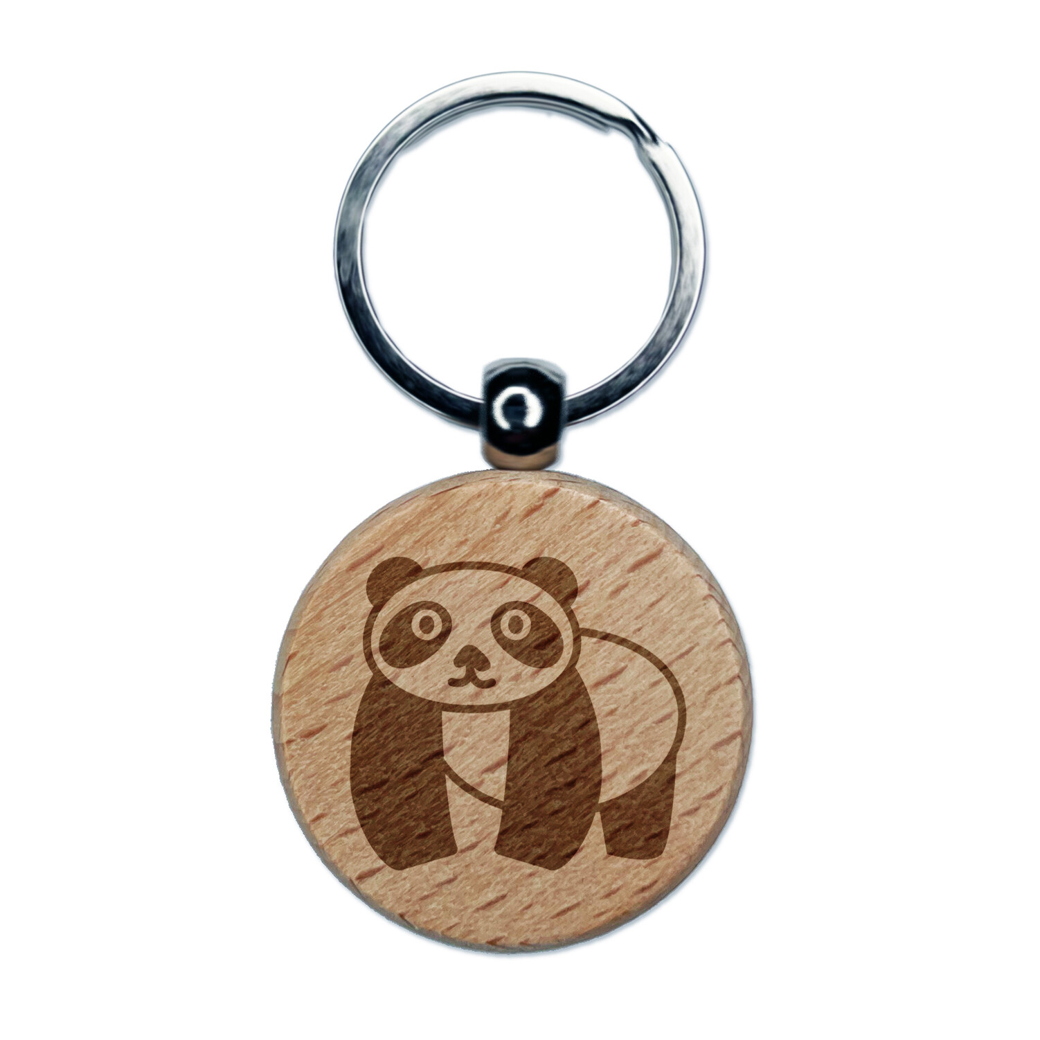 Panda Walking Doodle Engraved Wood Round Keychain Tag Charm