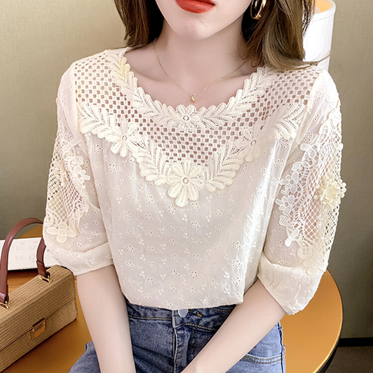 Women Summer Artsy Hollow Out Flower 100%Cotton Blouse