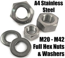 A4 Stainless Steel M20 To M39 Heavy Duty Hexagon Hex Full Nuts & Washers Form A