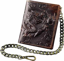 Vintage Dragon Mens Leather Wallet Slim Card Money Purse With/ Safe Chain