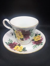 Vintage Queen Anne Bone China Red And Yellow Flower Cup And Saucer  ~