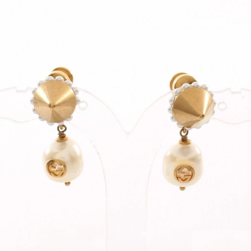 GUCCI Interlocking G Earrings GP Pearl Gold Off White Studs Ladies