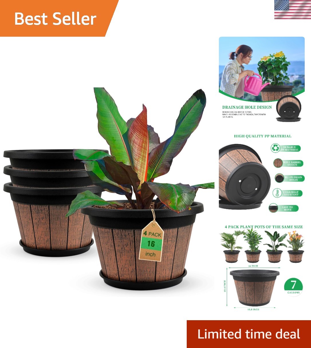 Durable 16 Inch Resin Plant Pots - 4 Pack with Drainage Holes & Removable Tray