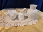 Three Vintage Fenton White Milk Glass Hobnail Vases